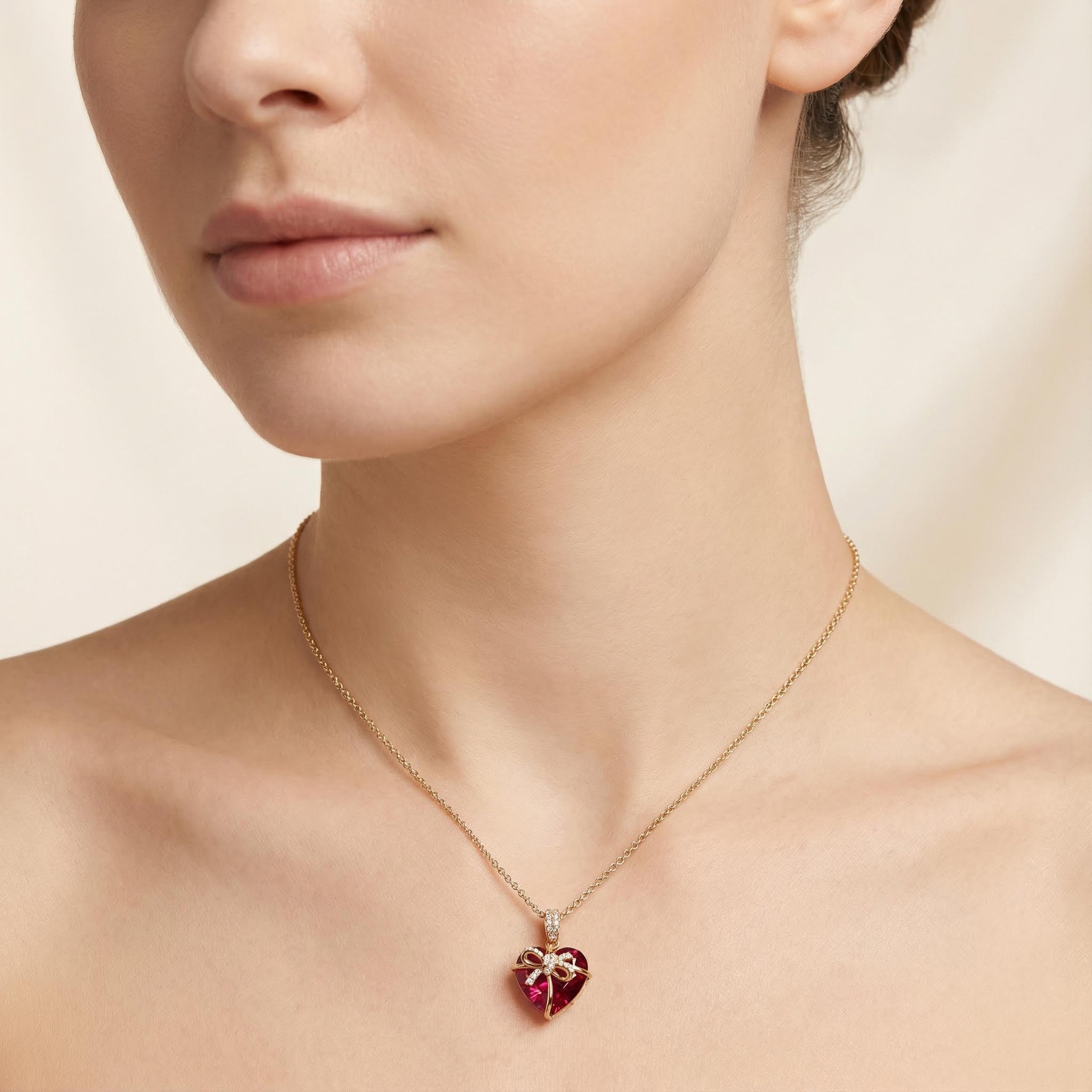S925 Silver Butterfly Knot Ruby Heart Pendent Necklace