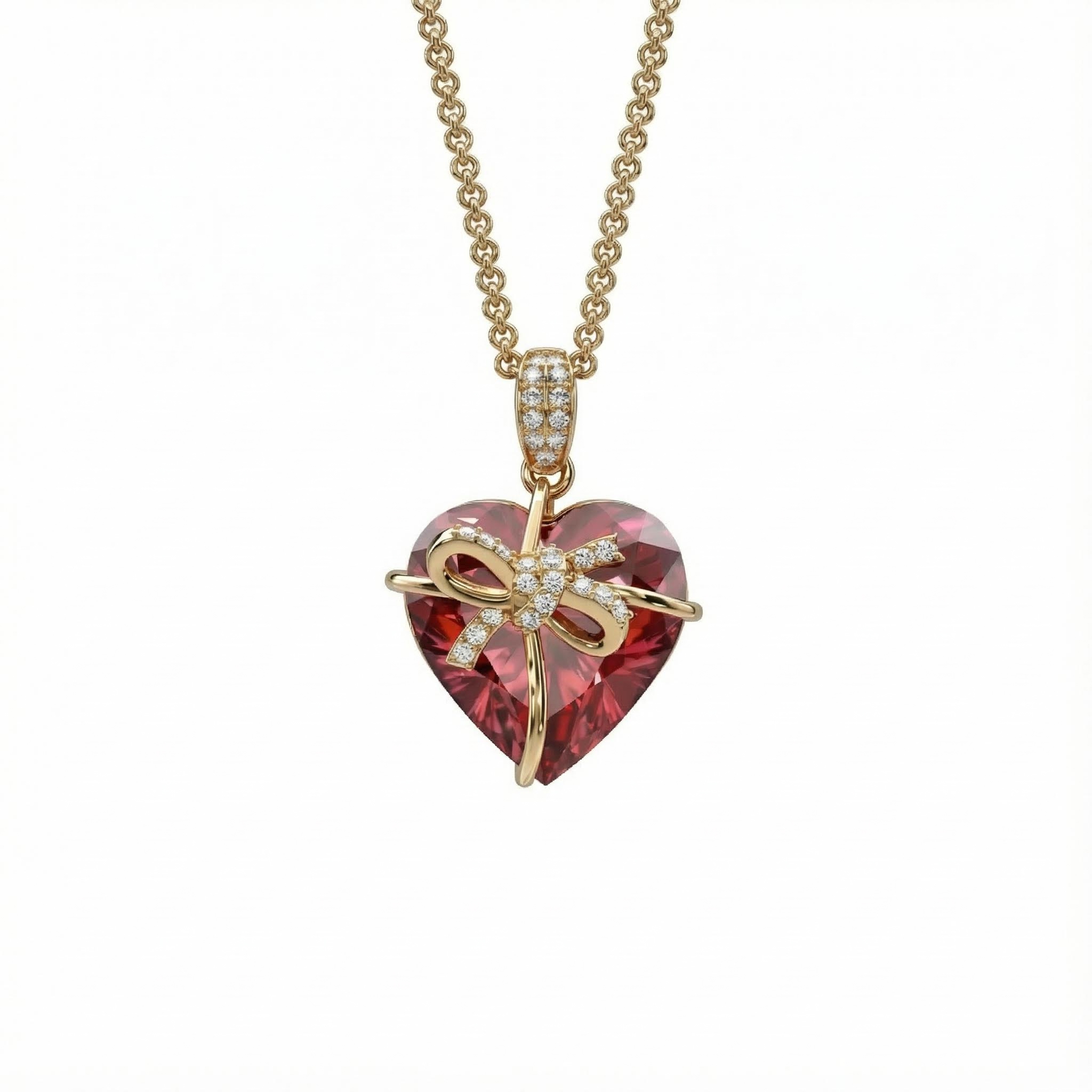 S925 Silver Butterfly Knot Ruby Heart Pendent Necklace