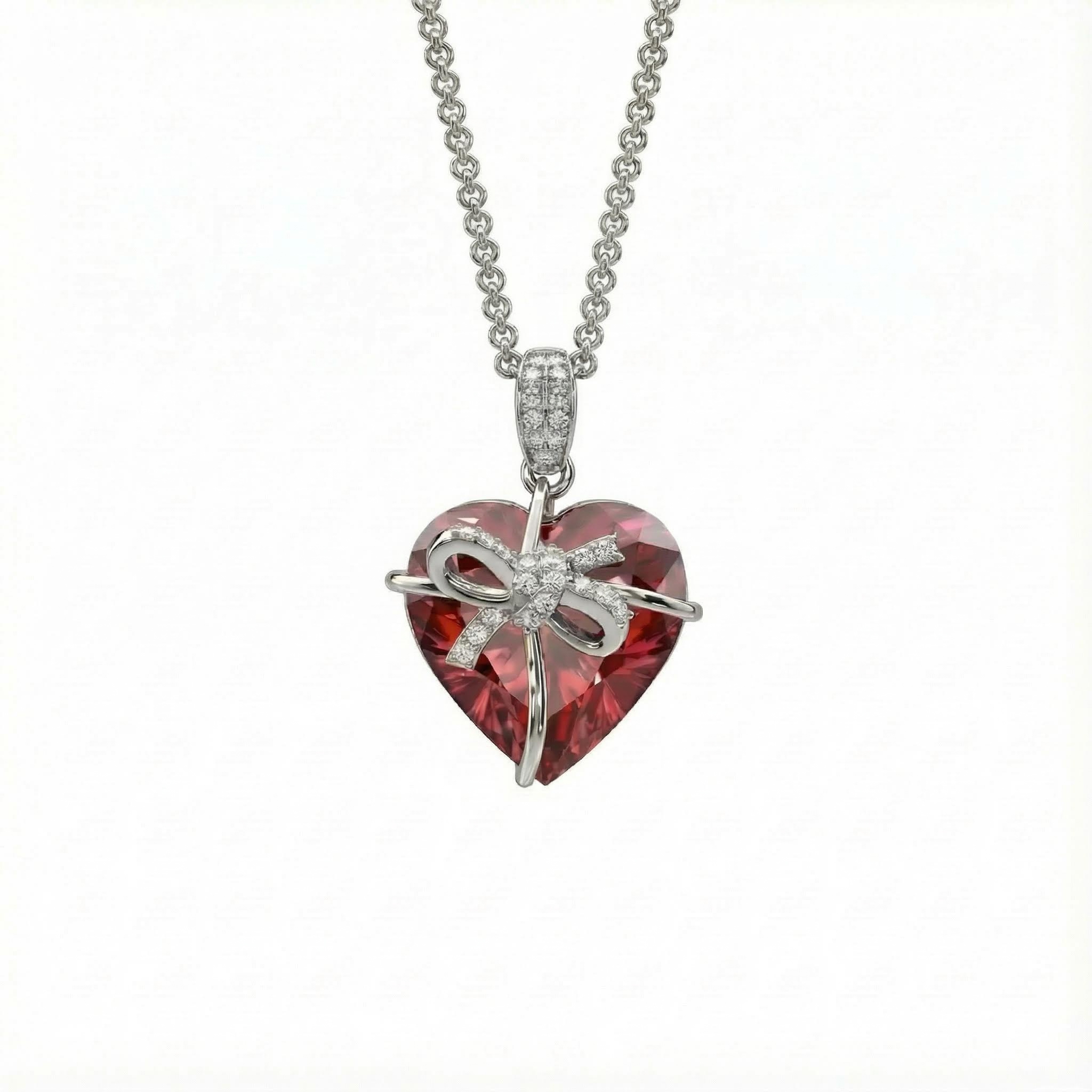 S925 Silver Butterfly Knot Ruby Heart Pendent Necklace