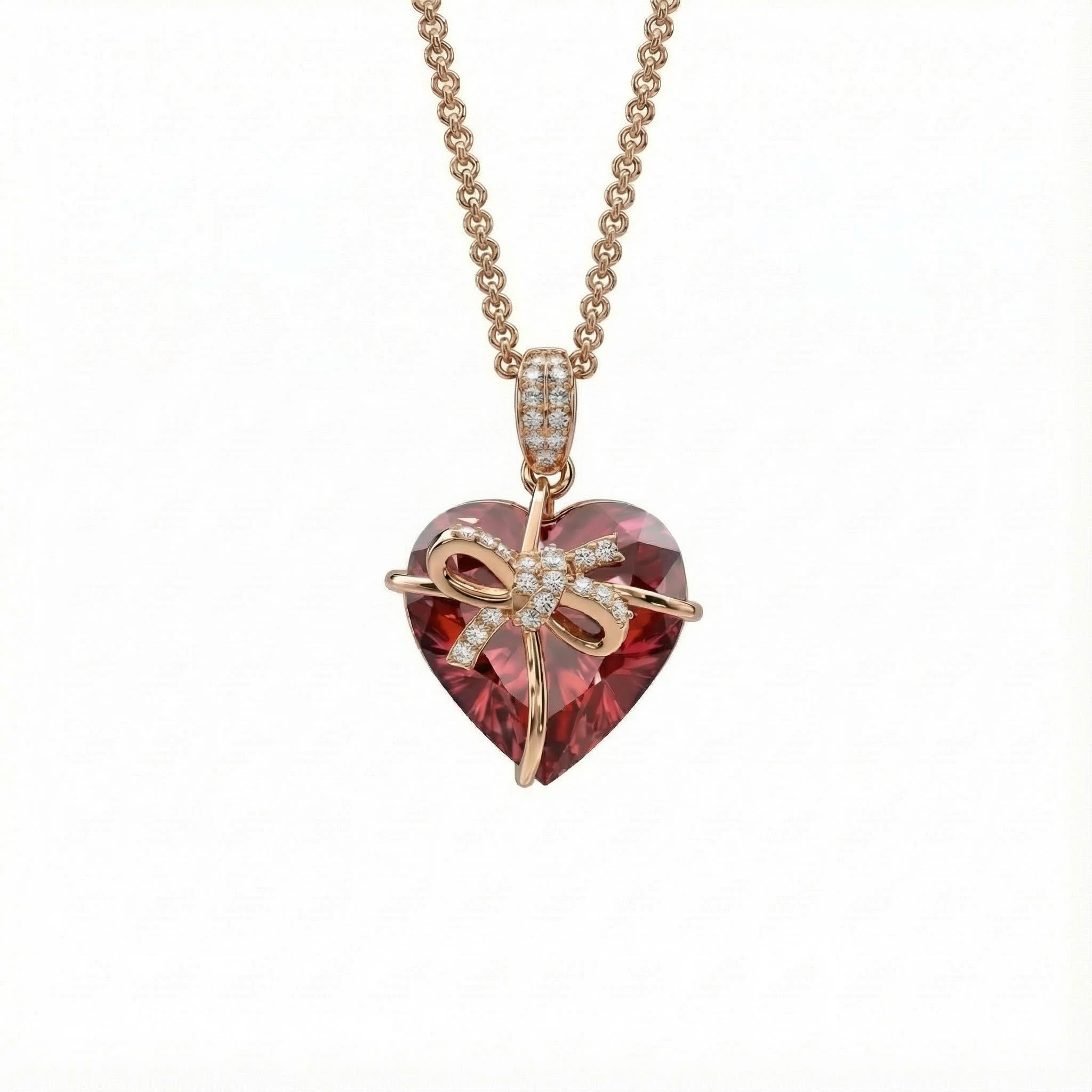 S925 Silver Butterfly Knot Ruby Heart Pendent Necklace