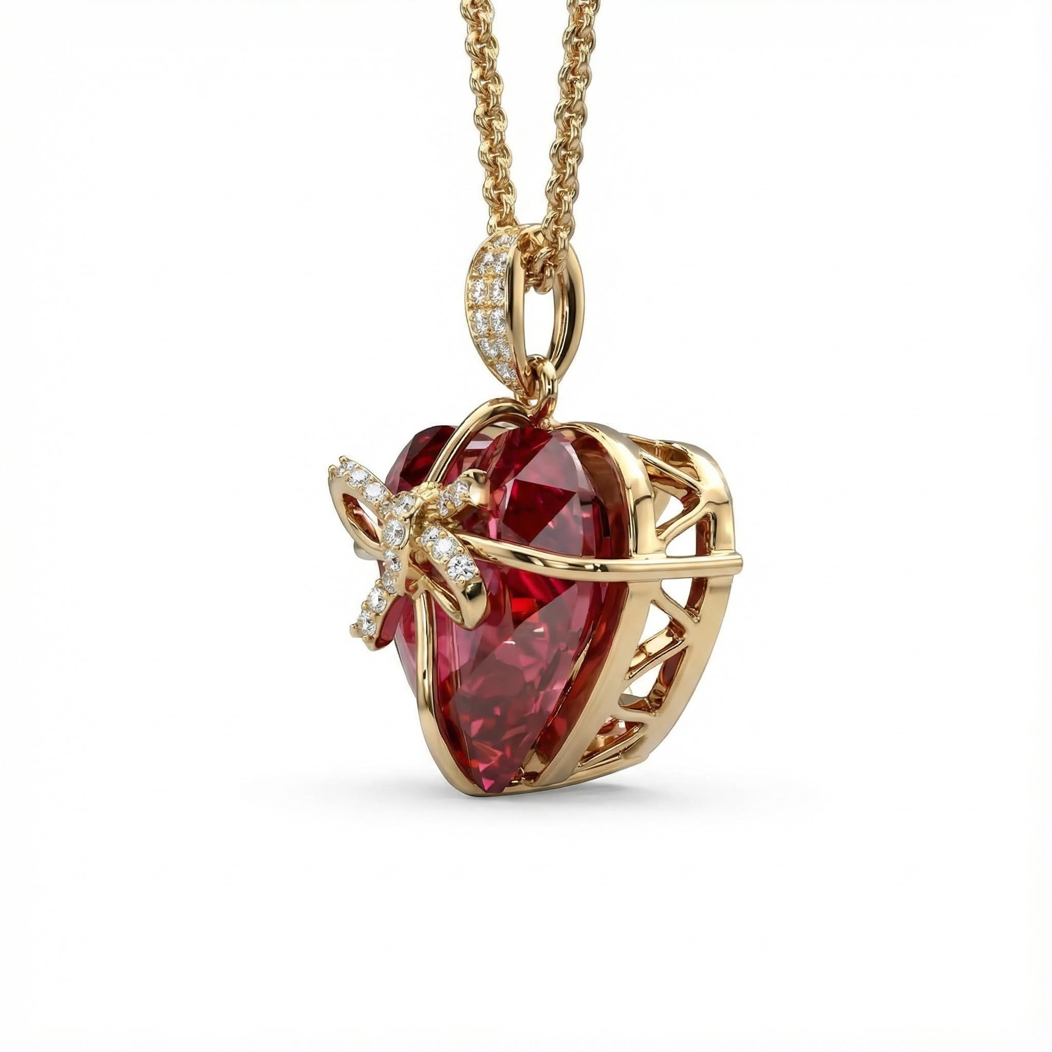 S925 Silver Butterfly Knot Ruby Heart Pendent Necklace