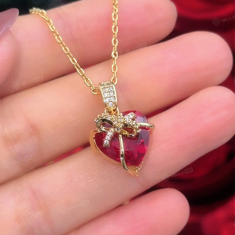 S925 Silver Butterfly Knot Ruby Heart Pendant Necklace