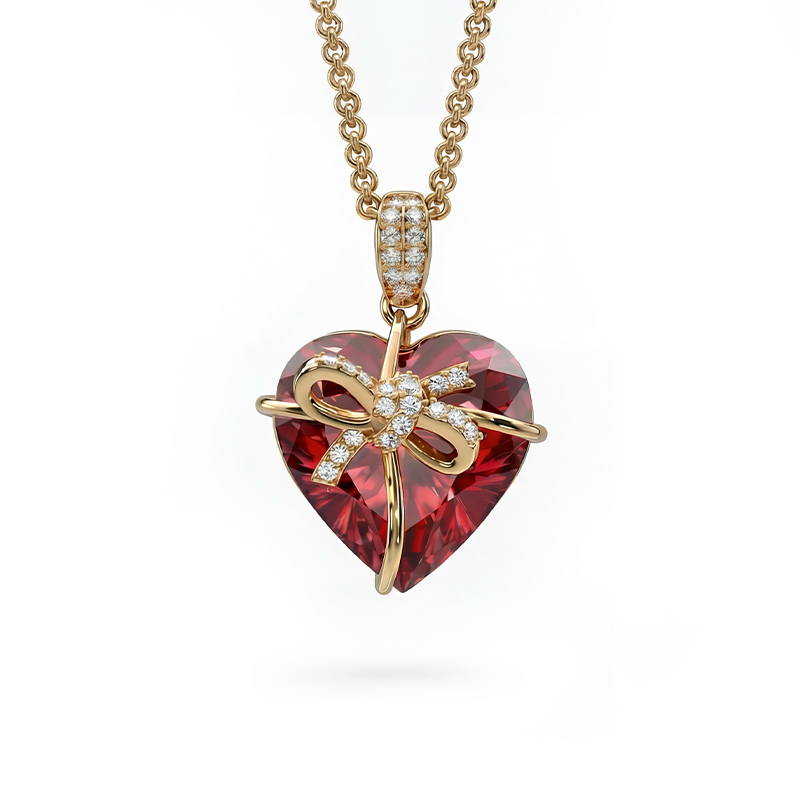 S925 Silver Butterfly Knot Ruby Heart Pendant Necklace