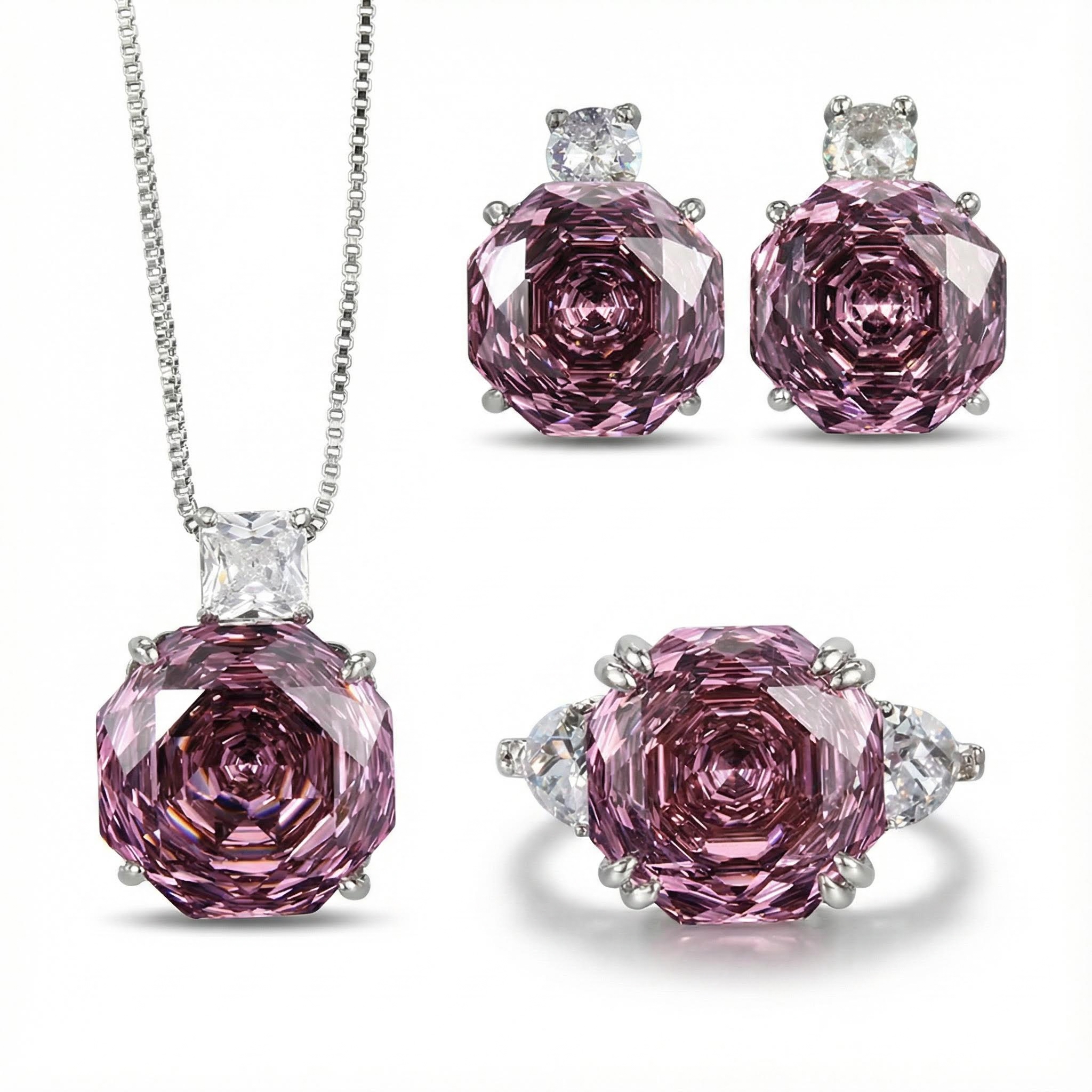 Roses Cut Diamond Necklace & Earrings & Ring Jewelry Set