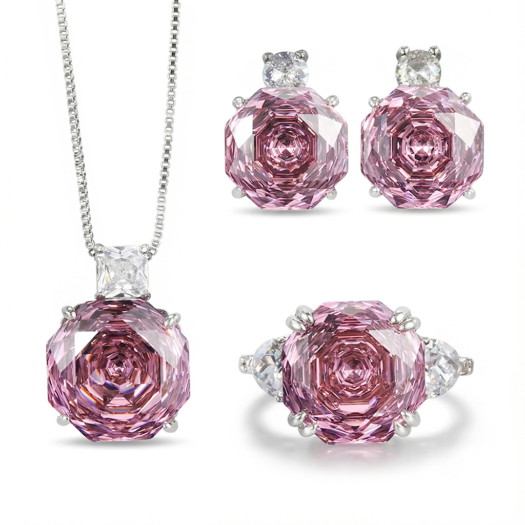 Roses Cut Diamond Necklace & Earrings & Ring Jewelry Set