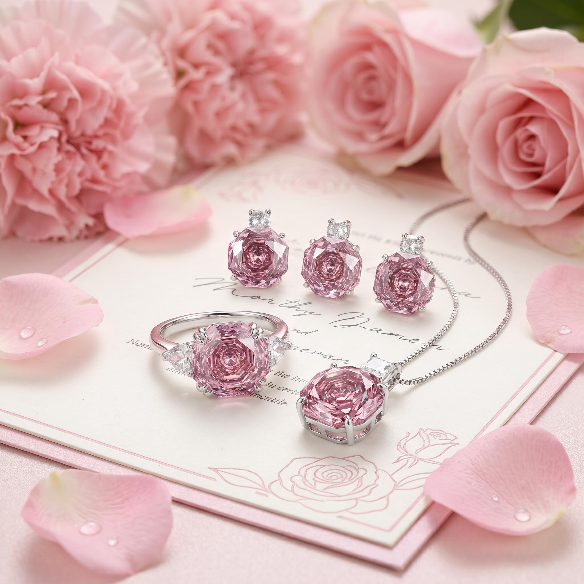 Roses Cut Diamond Necklace & Earrings & Ring Jewelry Set Roses Cut Diamond Necklace & Earrings & Ring Jewelry Set