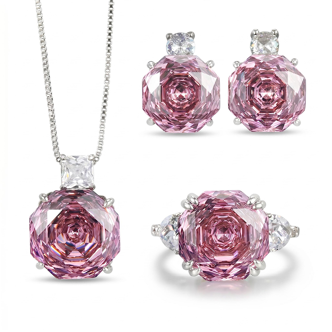 Roses Cut Diamond Necklace & Earrings & Ring Jewelry Set Roses Cut Diamond Necklace & Earrings & Ring Jewelry Set