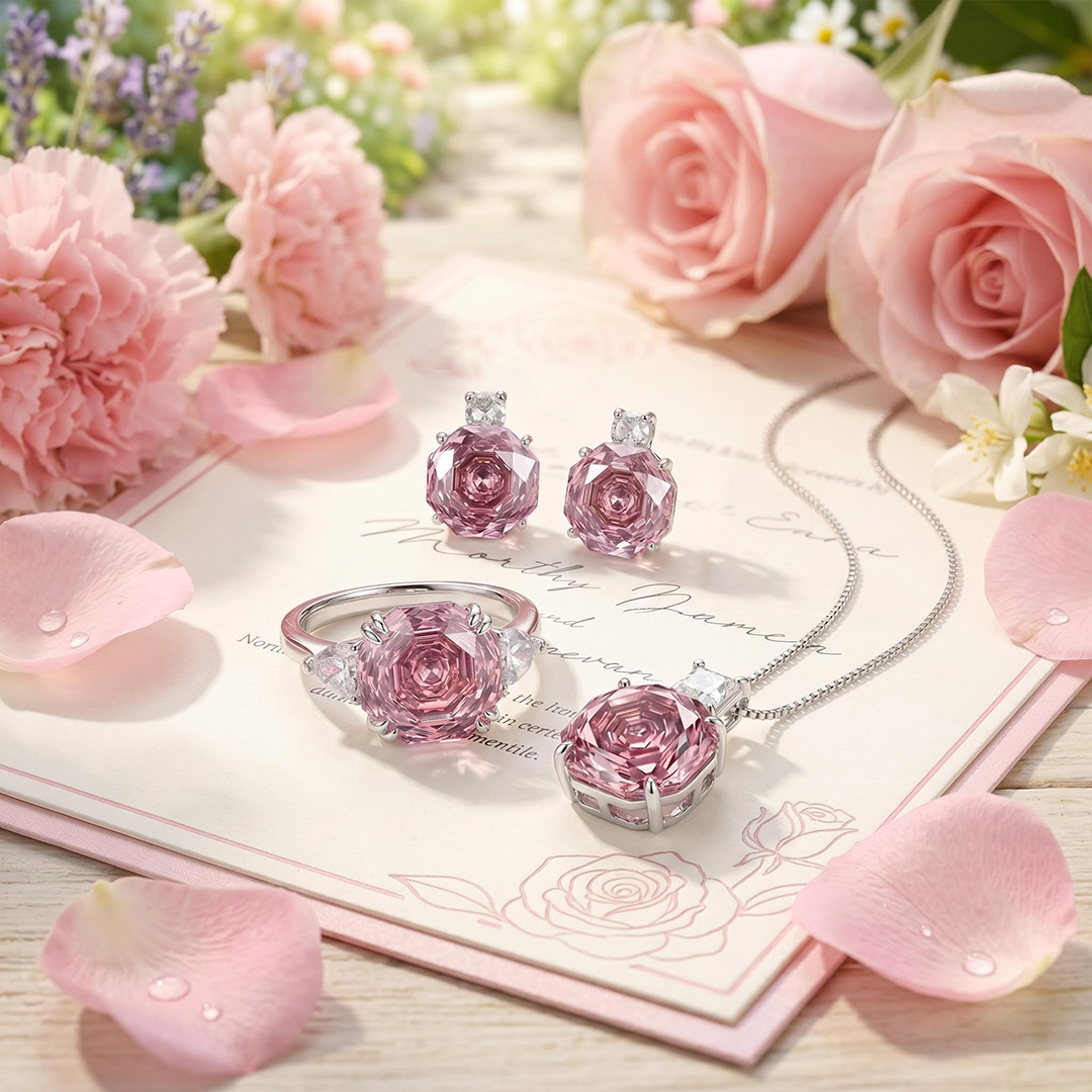 Roses Cut Diamond Necklace & Earrings & Ring Jewelry Set Roses Cut Diamond Necklace & Earrings & Ring Jewelry Set
