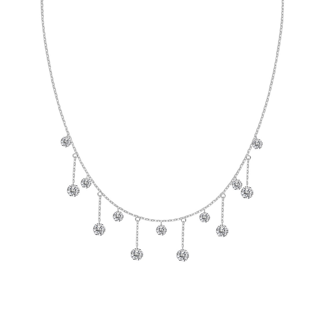 S925 Silver Round Diamond Drop Station Necklace