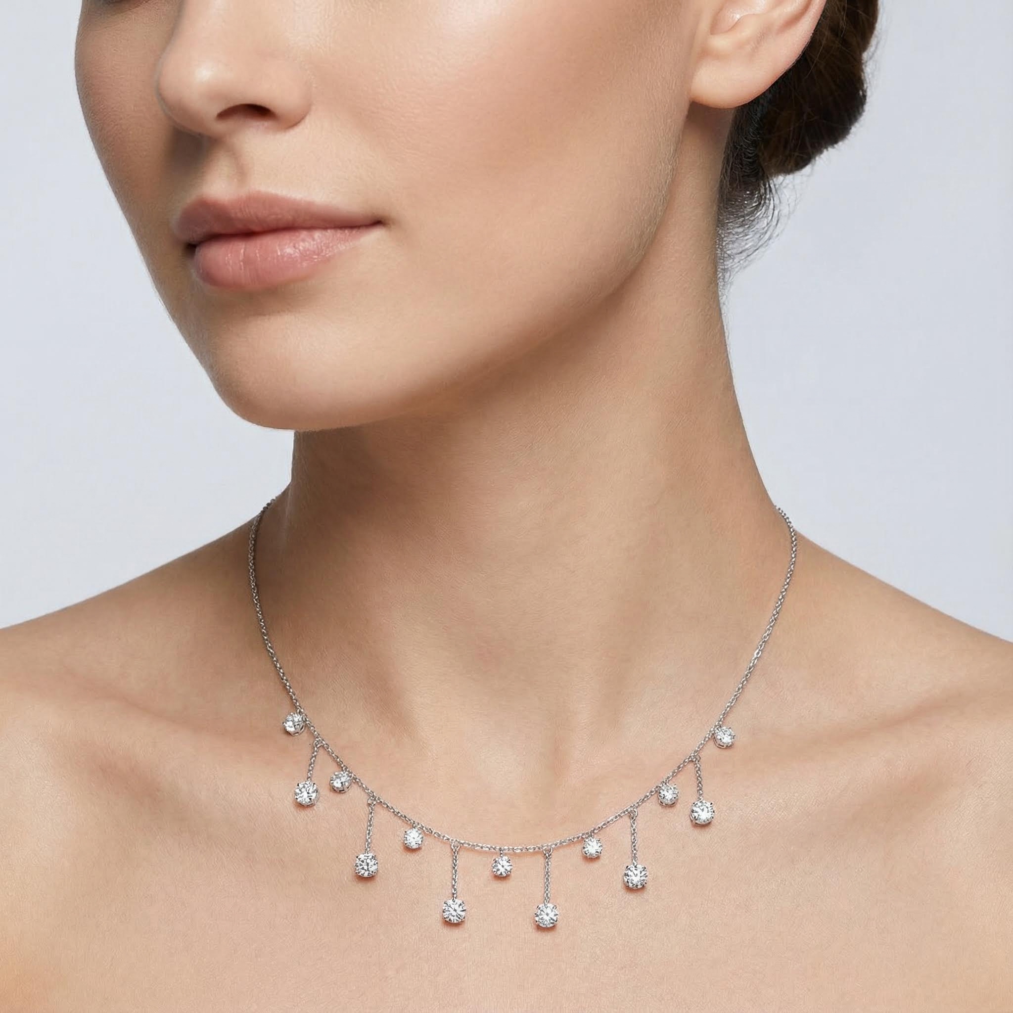 S925 Silver Round Diamond Drop Station Necklace