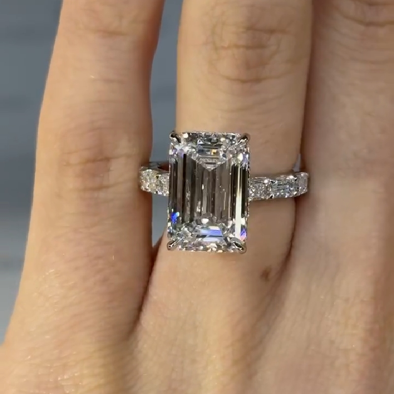 7.69CT Emerald Cut VVS Moissanite Pave Engagement Ring