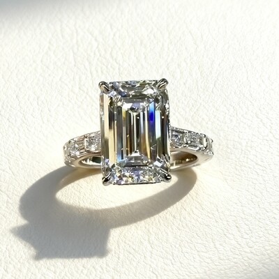 7.69CT Emerald Cut VVS Moissanite Pave Engagement Ring