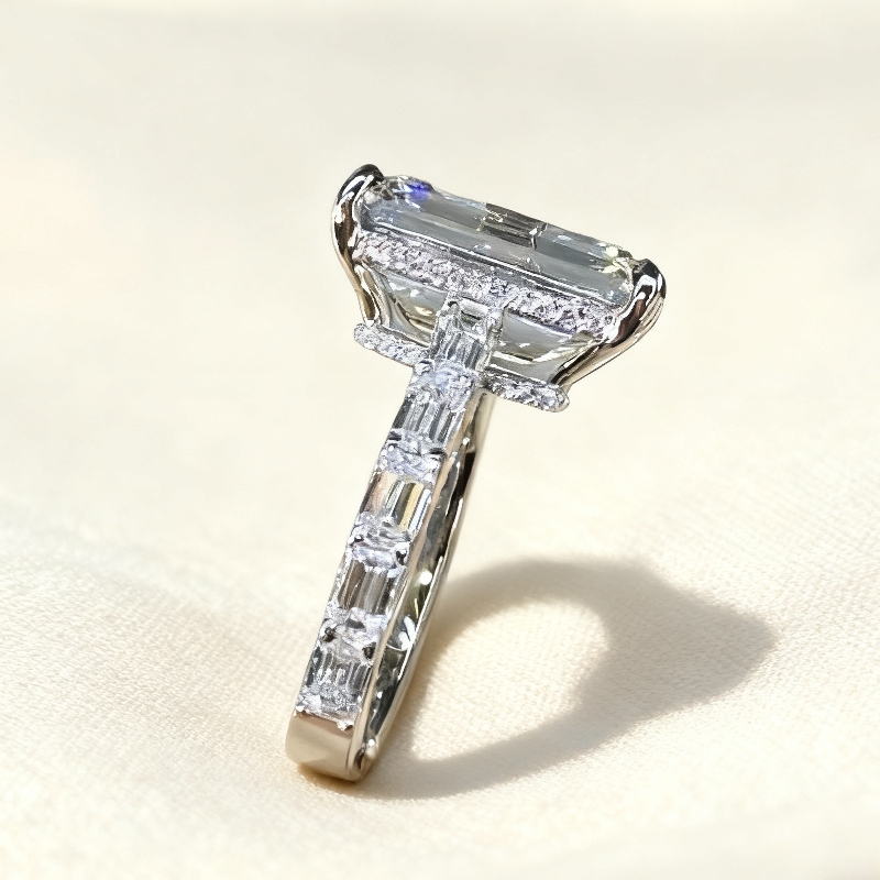 7.69CT Emerald Cut VVS Moissanite Pave Engagement Ring