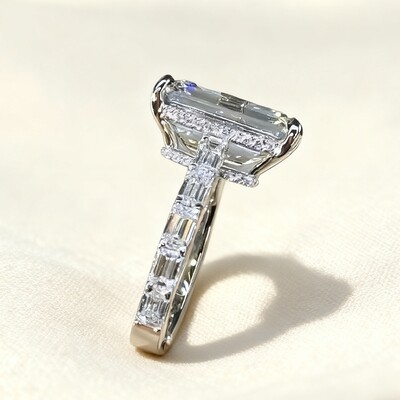 7.69CT Emerald Cut VVS Moissanite Pave Engagement Ring