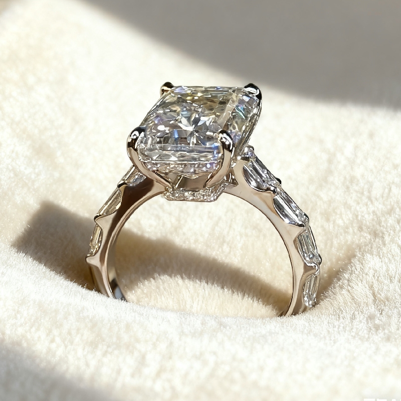 7.69CT Emerald Cut VVS Moissanite Pave Engagement Ring