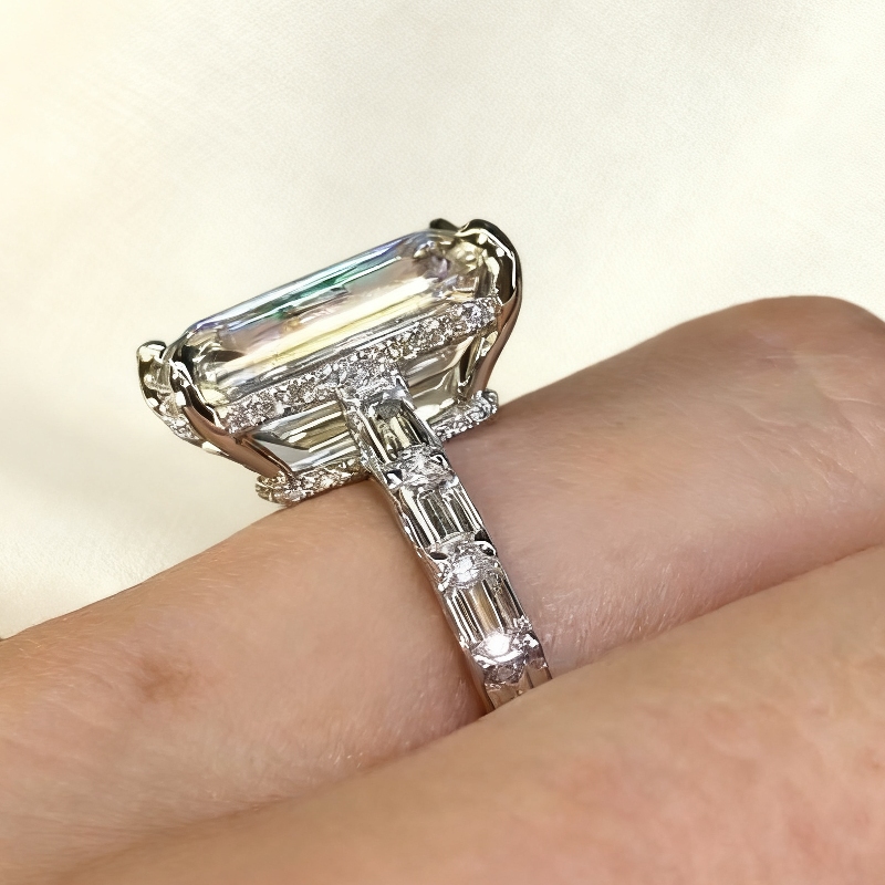 7.69CT Emerald Cut VVS Moissanite Pave Engagement Ring