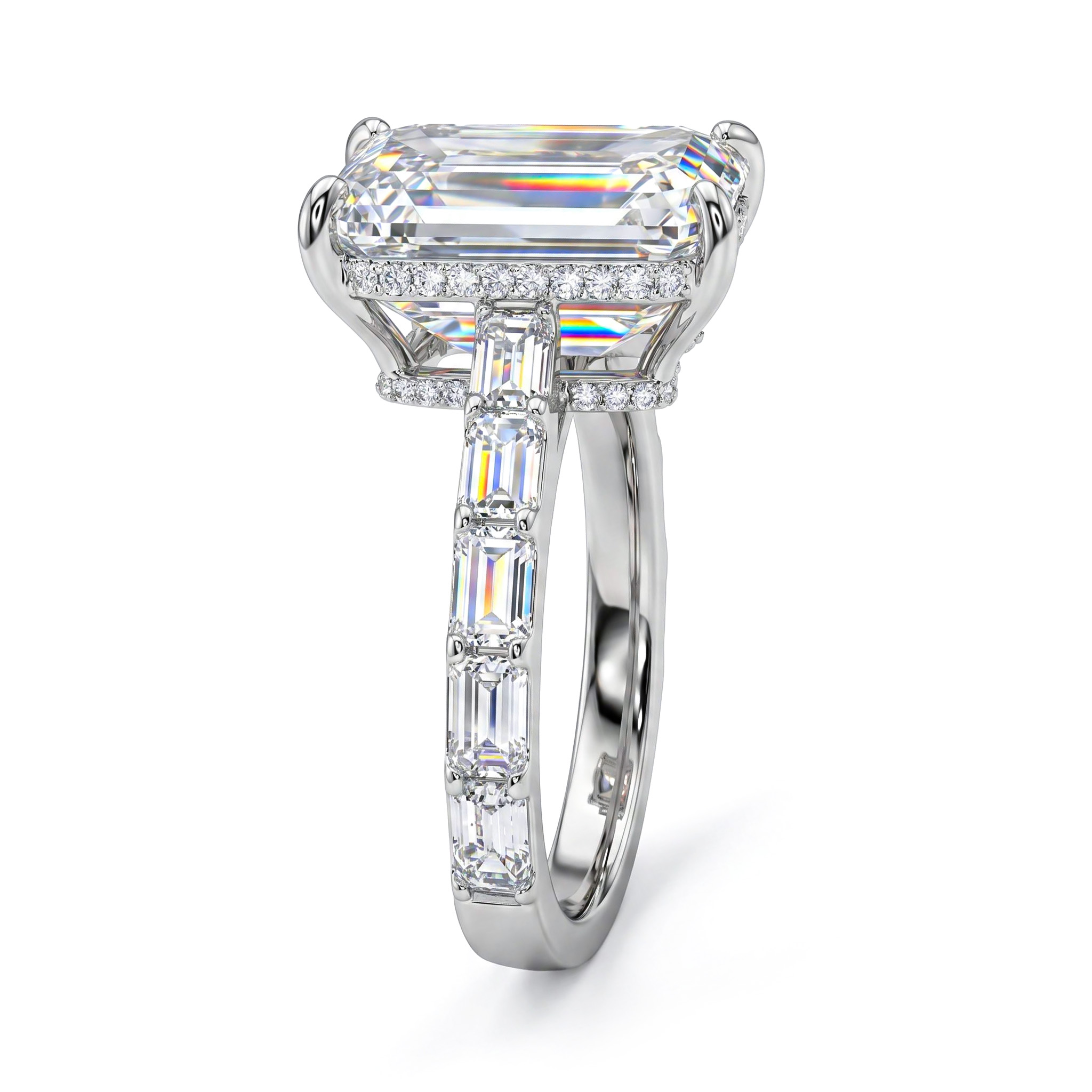 12.69CT Emerald Cut VVS Moissanite Pave Engagement Ring