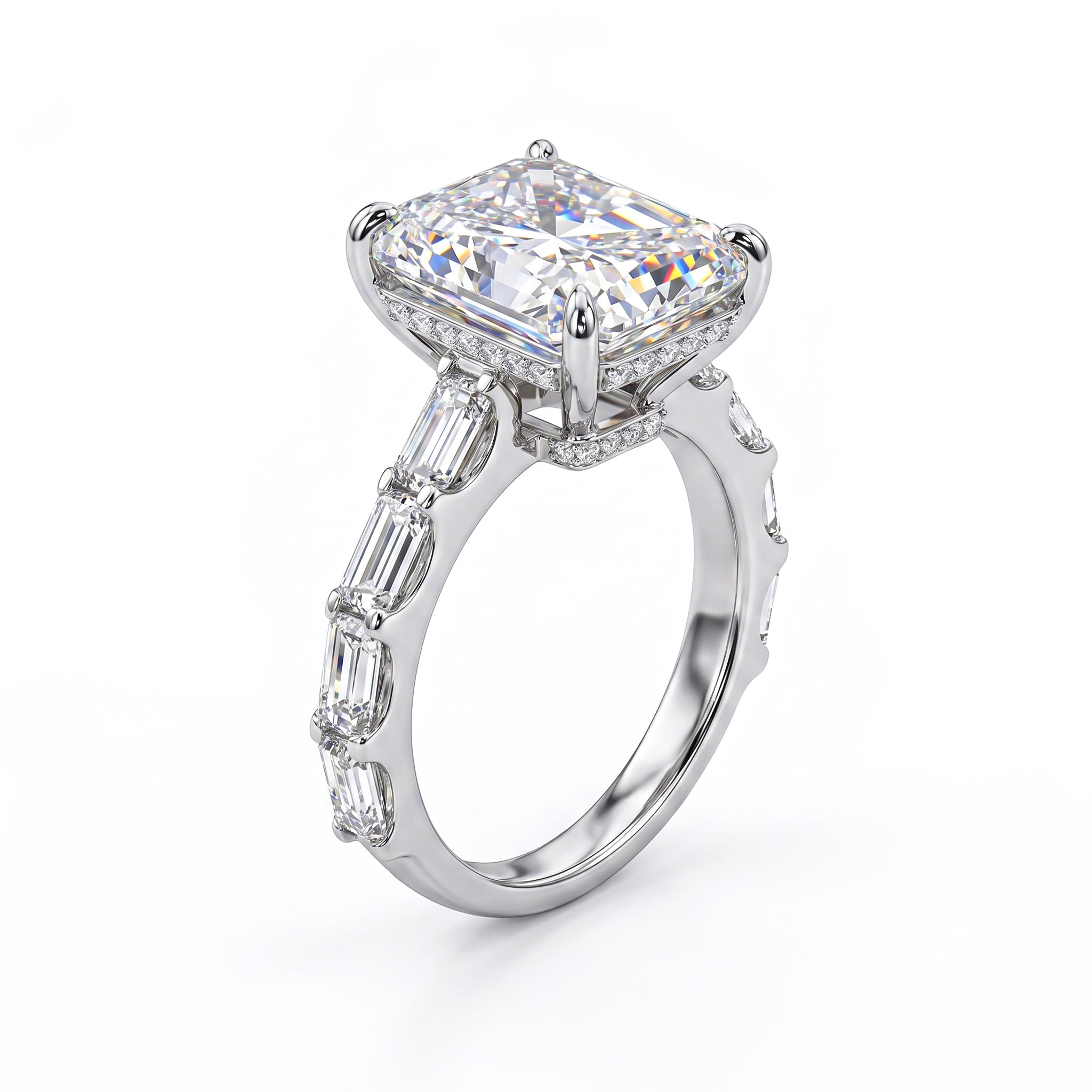 12.69CT Emerald Cut VVS Moissanite Pave Engagement Ring