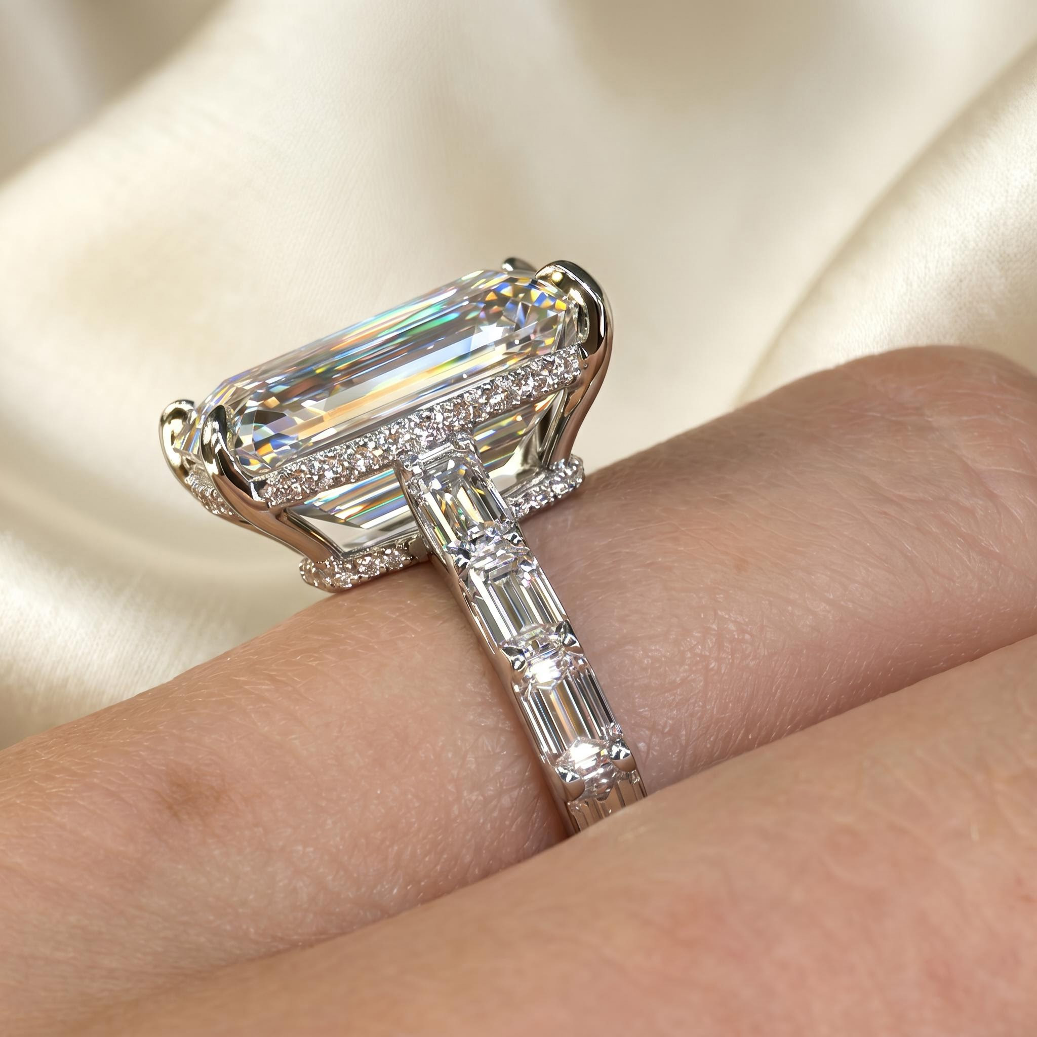 12.69CT Emerald Cut VVS Moissanite Pave Engagement Ring