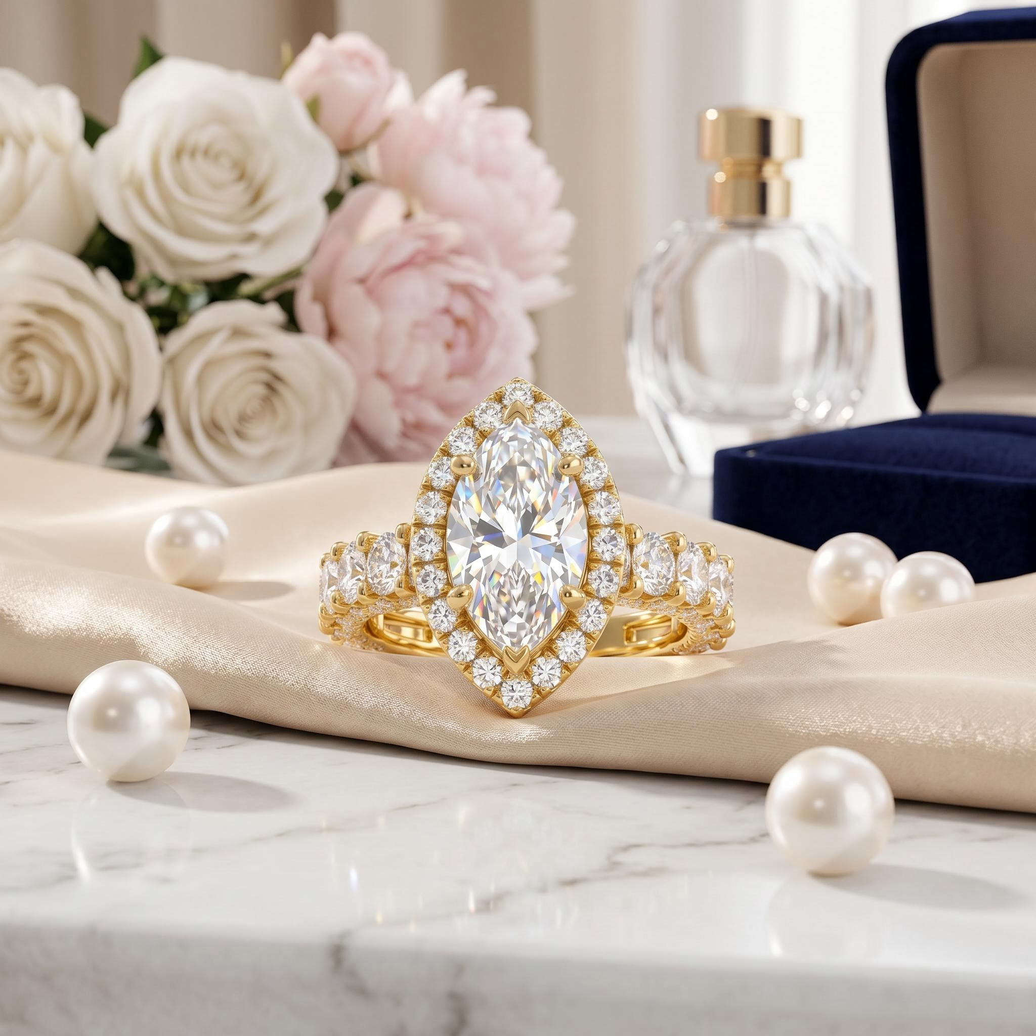 7.66CT Marquise Cut VVS Moissanite Pave Engagement Ring