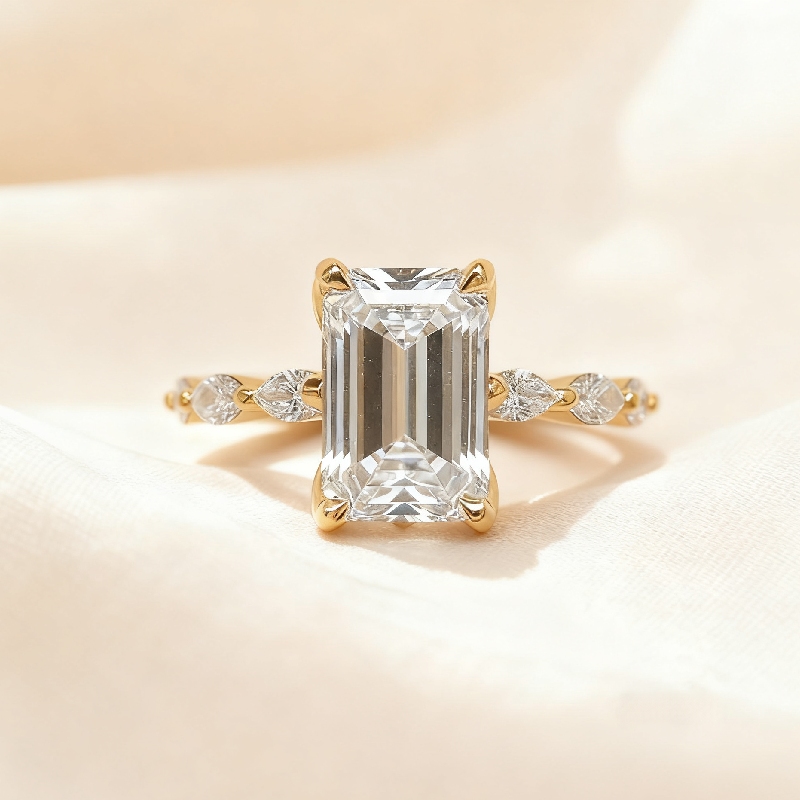 5CT Emerald Cut VVS Moissanite Side Stone Engagement Ring