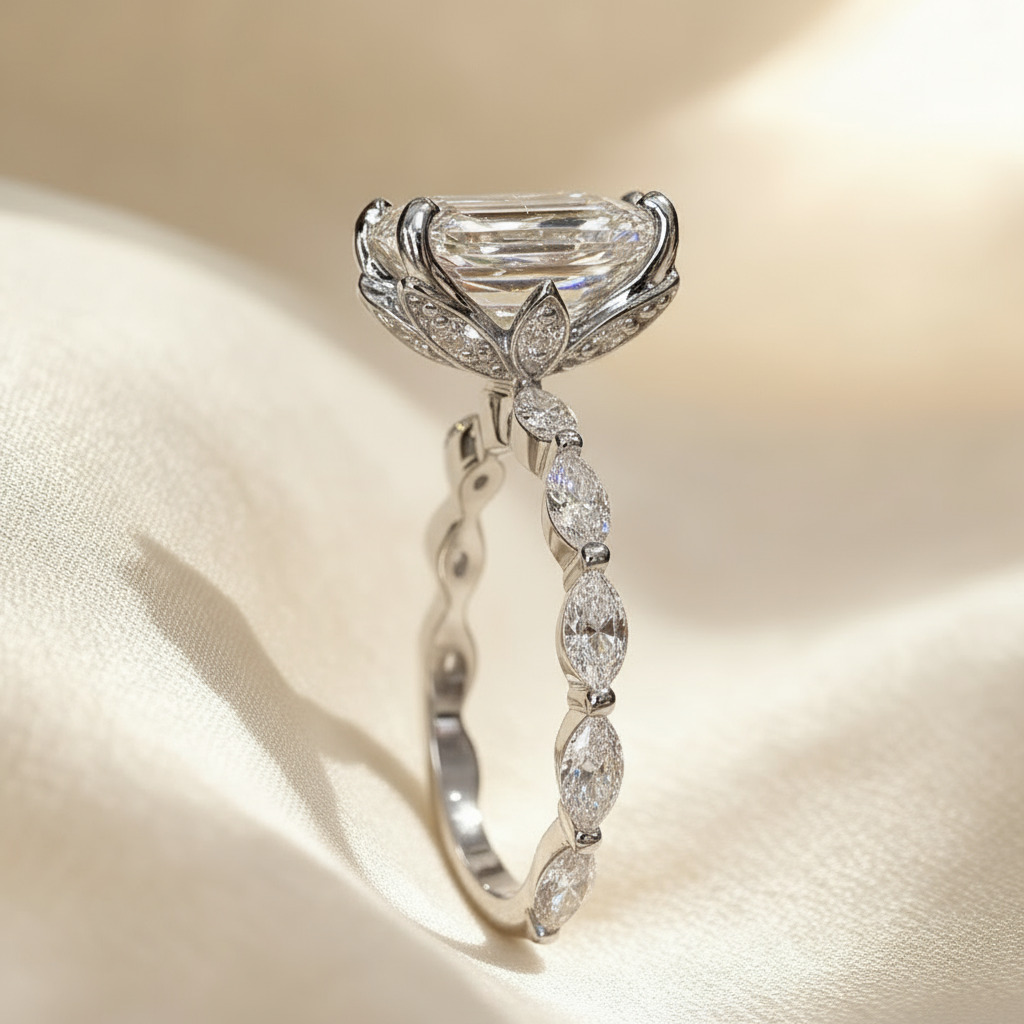 5CT Emerald Cut VVS Moissanite Side Stone Engagement Ring