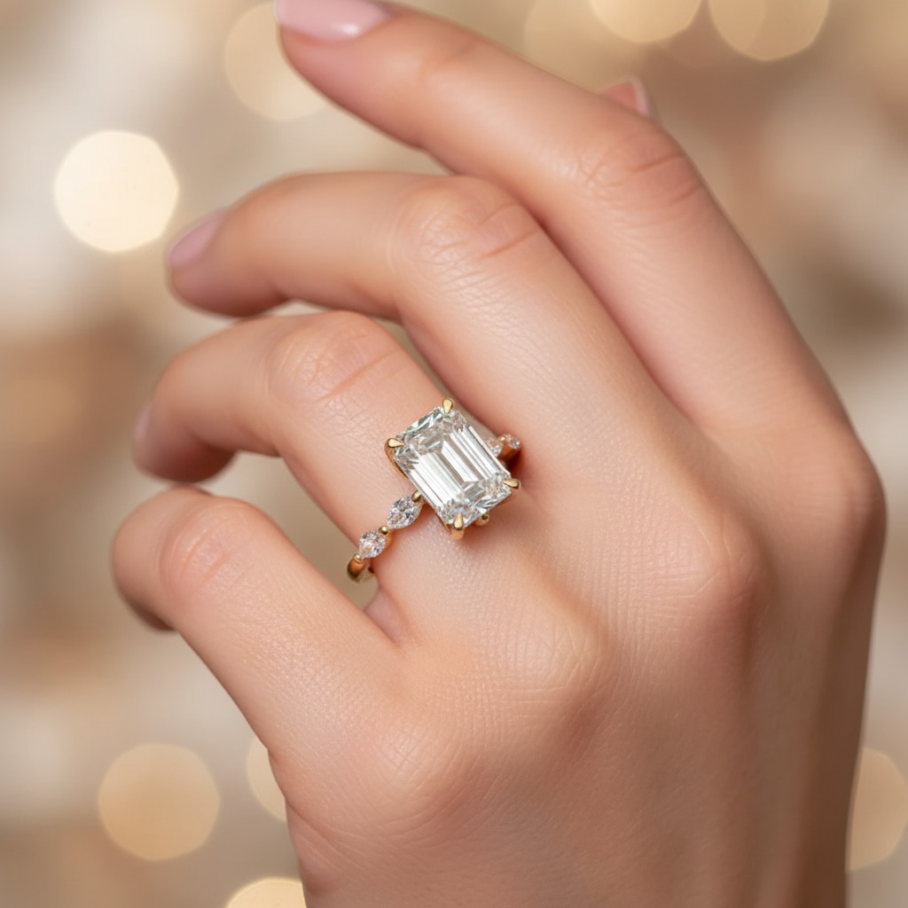 5CT Emerald Cut VVS Moissanite Side Stone Engagement Ring