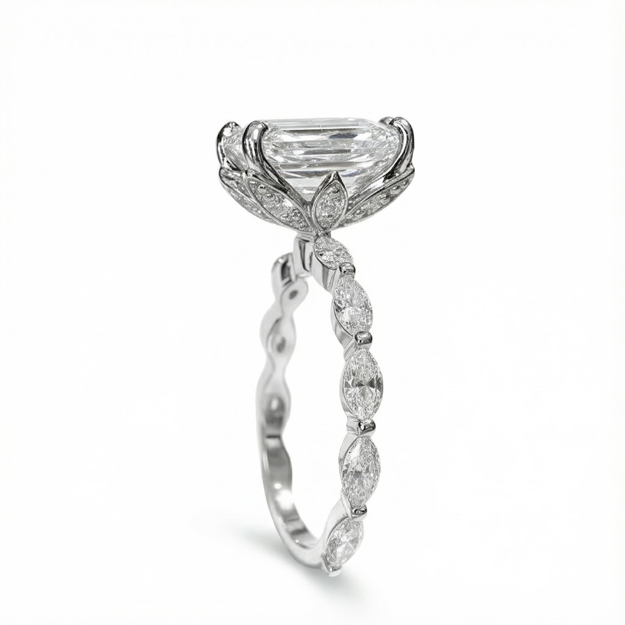 5CT Emerald Cut VVS Moissanite Side Stone Engagement Ring