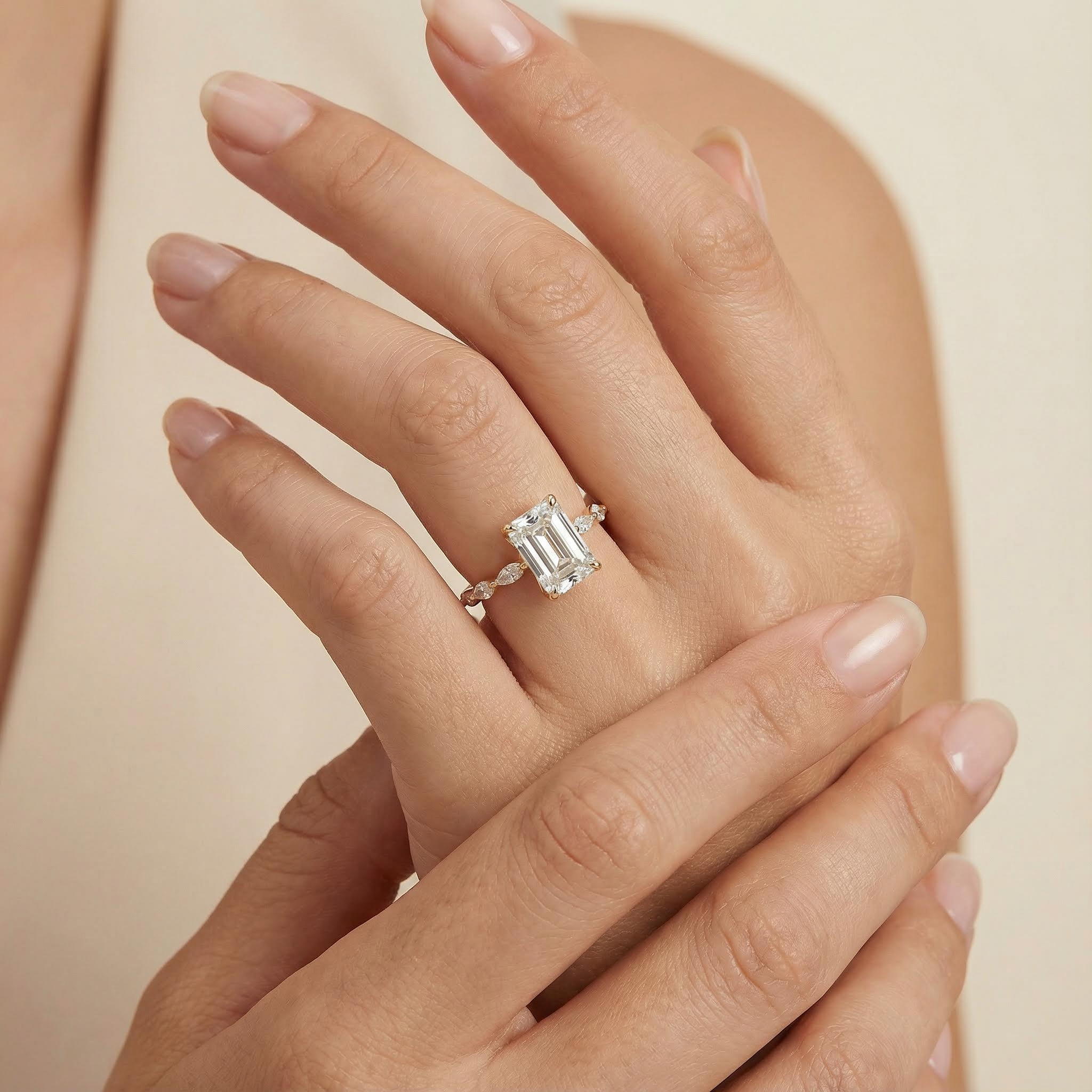 5CT Emerald Cut VVS Moissanite Side Stone Engagement Ring