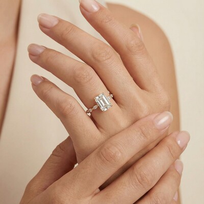 5CT Emerald Cut VVS Moissanite Side Stone Engagement Ring