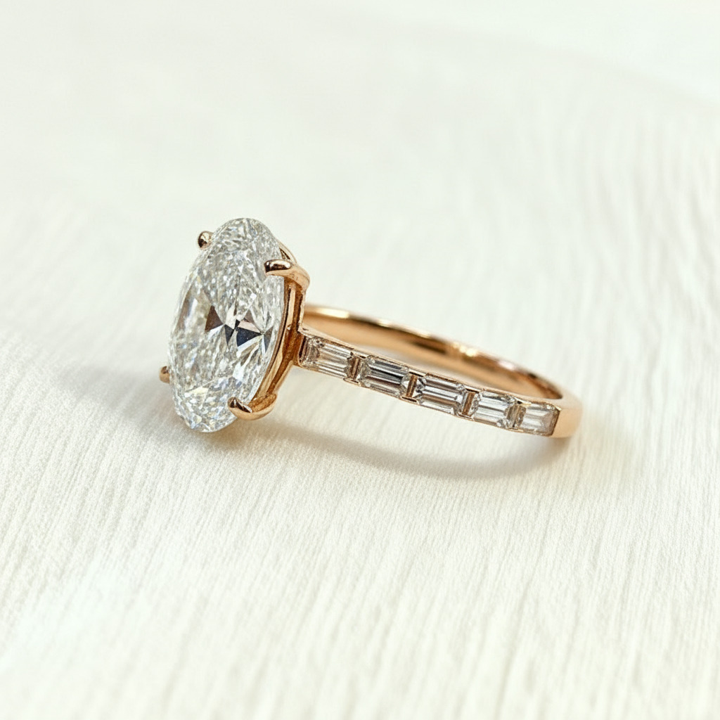 4.2CT Oval Cut VVS Moissanite with Baguette Pave Engagement Ring