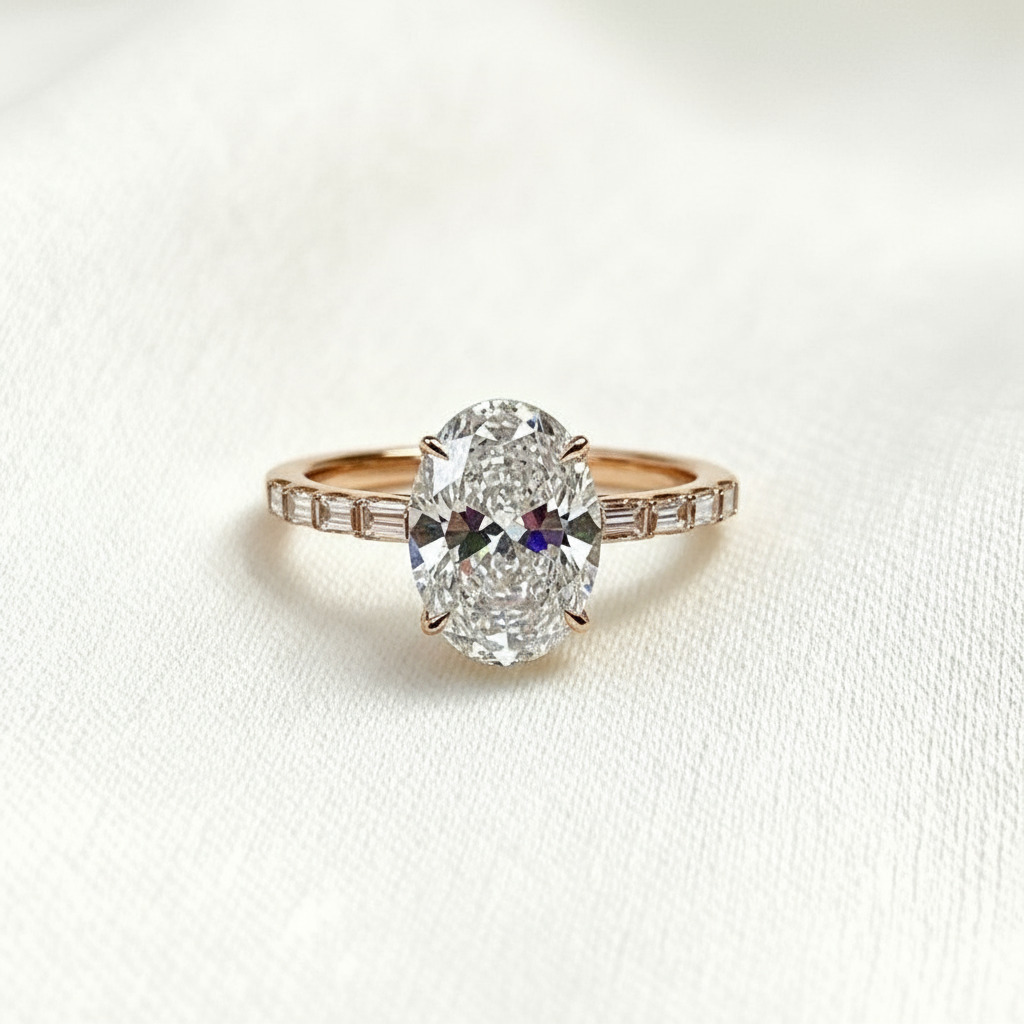 4.2CT Oval Cut VVS Moissanite with Baguette Pave Engagement Ring