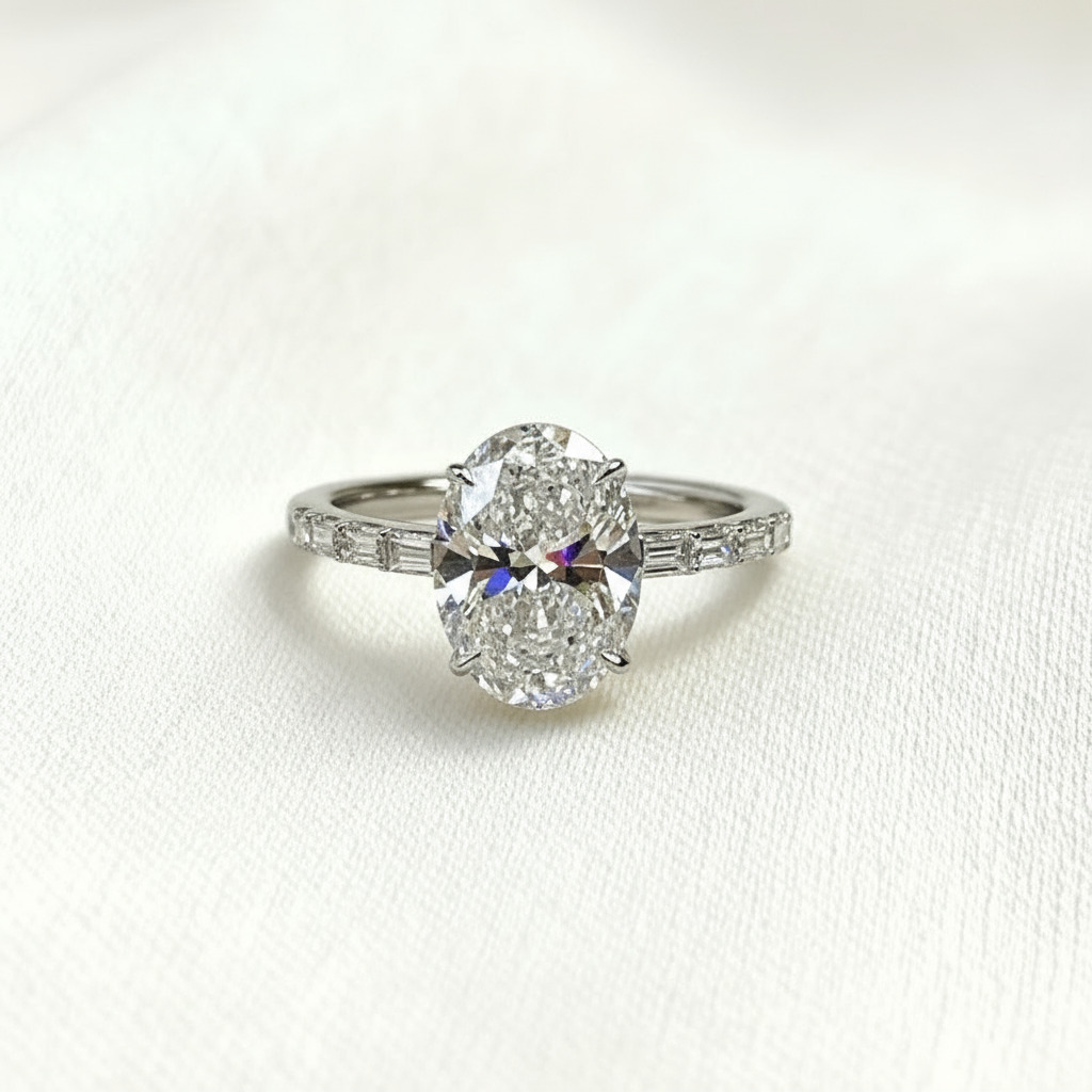 4.2CT Oval Cut VVS Moissanite with Baguette Pave Engagement Ring