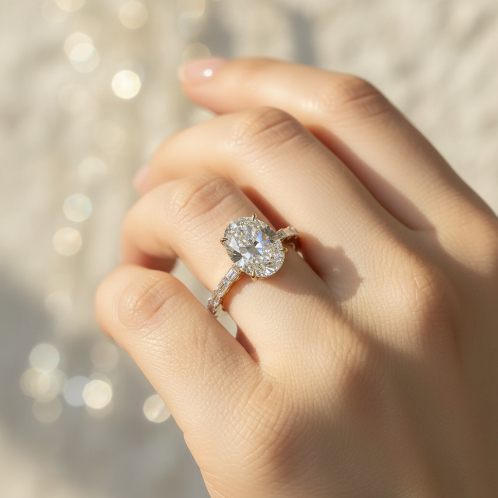 4.2CT Oval Cut VVS Moissanite with Baguette Pave Engagement Ring