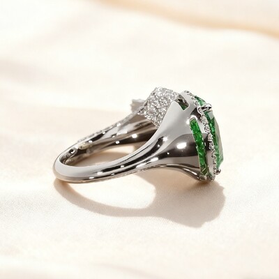 Pear Cut Emerald Gemstone Pave Engagement Ring with Wings