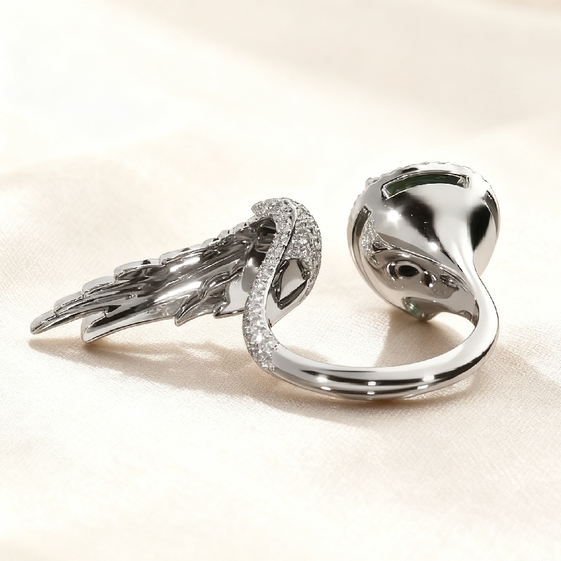 Pear Cut Emerald Gemstone Pave Engagement Ring with Wings