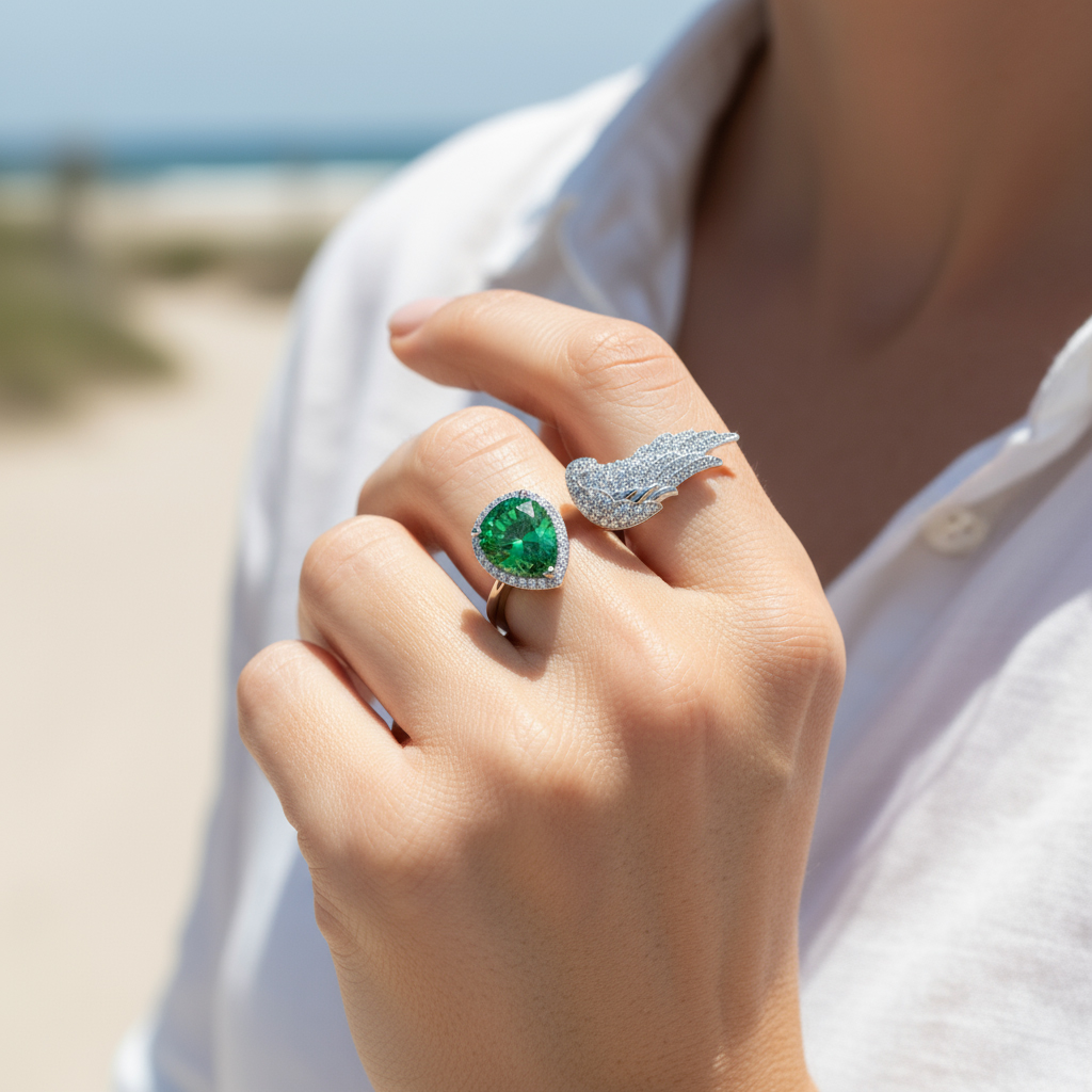 Pear Cut Emerald Gemstone Pave Engagement Ring with Wings