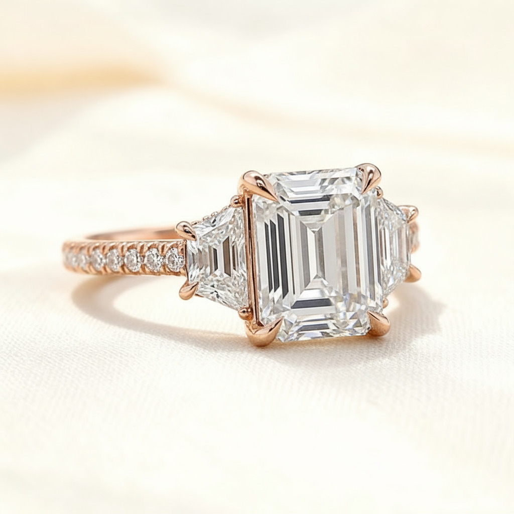 5.87CT Emerald Cut VVS Moissanite Three Stone Pave Engagement Ring 5.87CT Emerald Cut VVS Moissanite Three Stone Pave Engagement Ring