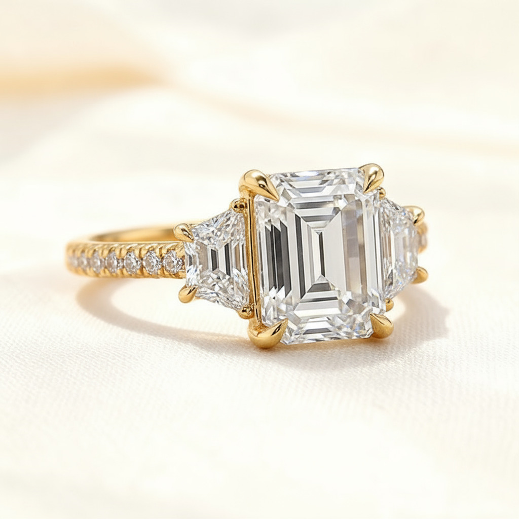 5.87CT Emerald Cut VVS Moissanite Three Stone Pave Engagement Ring 5.87CT Emerald Cut VVS Moissanite Three Stone Pave Engagement Ring