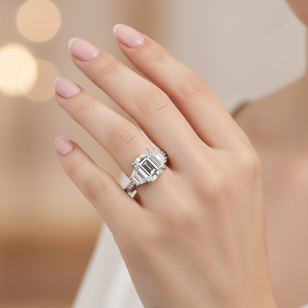 5.87CT Emerald Cut VVS Moissanite Three Stone Pave Engagement Ring 5.87CT Emerald Cut VVS Moissanite Three Stone Pave Engagement Ring