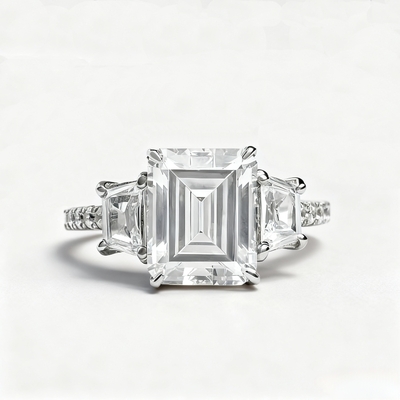 5.87CT Emerald Cut VVS Moissanite Three Stone Pave Engagement Ring