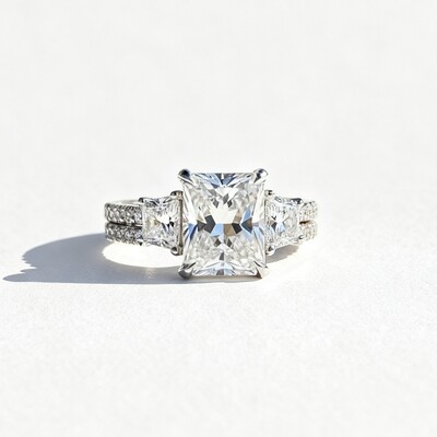 5.58CT Radiant Cut VVS Moissanite Three Stone Engagement Ring Set