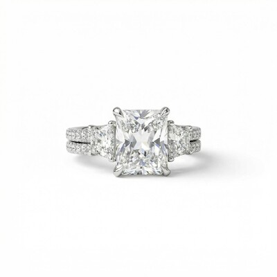 5.58CT Radiant Cut VVS Moissanite Three Stone Engagement Ring Set