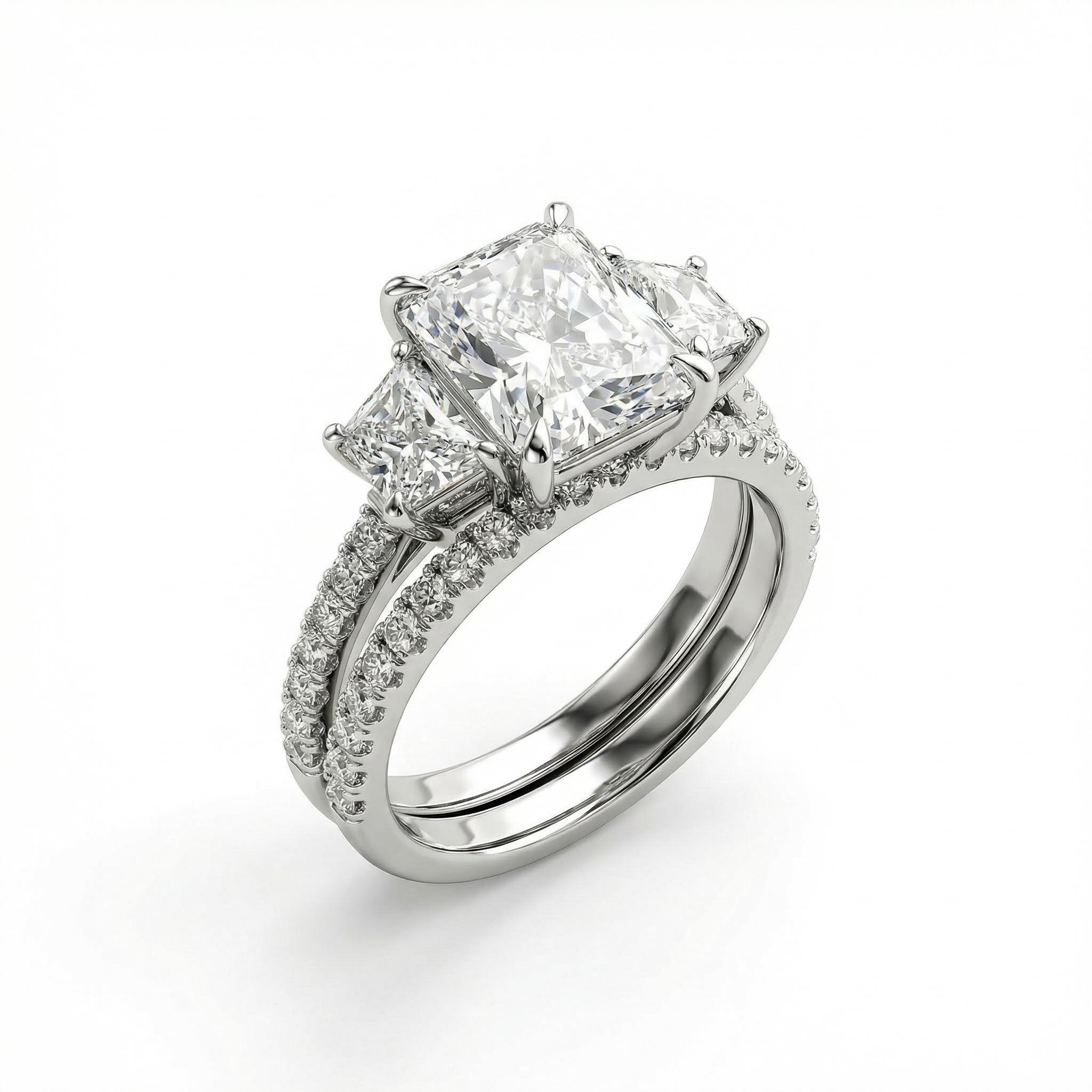 5.58CT Radiant Cut VVS Moissanite Three Stone Engagement Ring Set