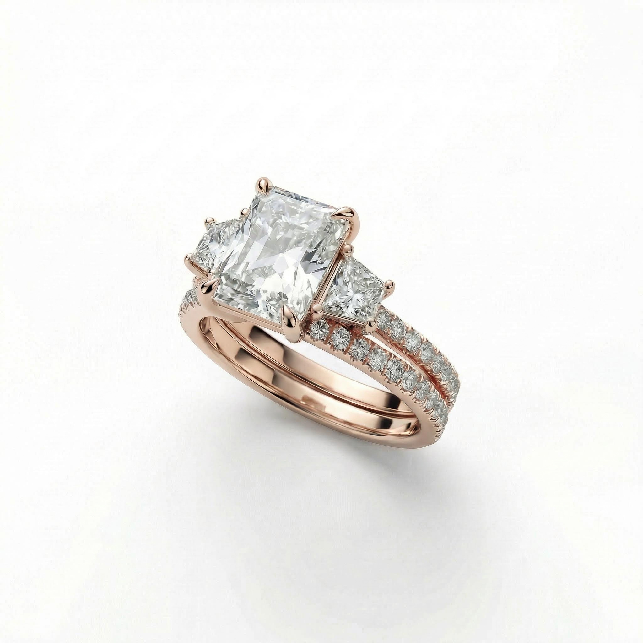 5.58CT Radiant Cut VVS Moissanite Three Stone Engagement Ring Set