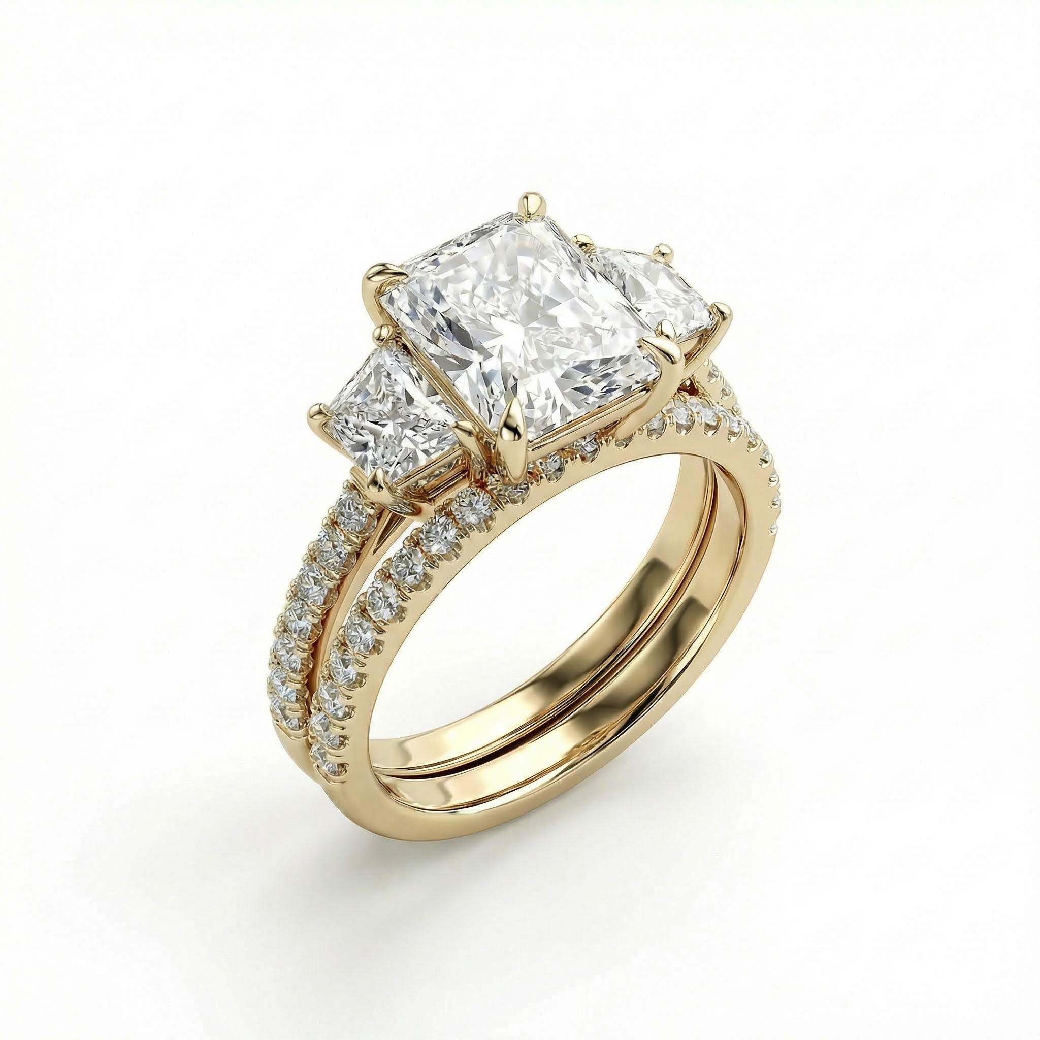 5.58CT Radiant Cut VVS Moissanite Three Stone Engagement Ring Set