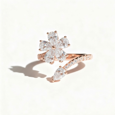 Pear Cut VVS Moissanite Flower Pave Engagement Ring