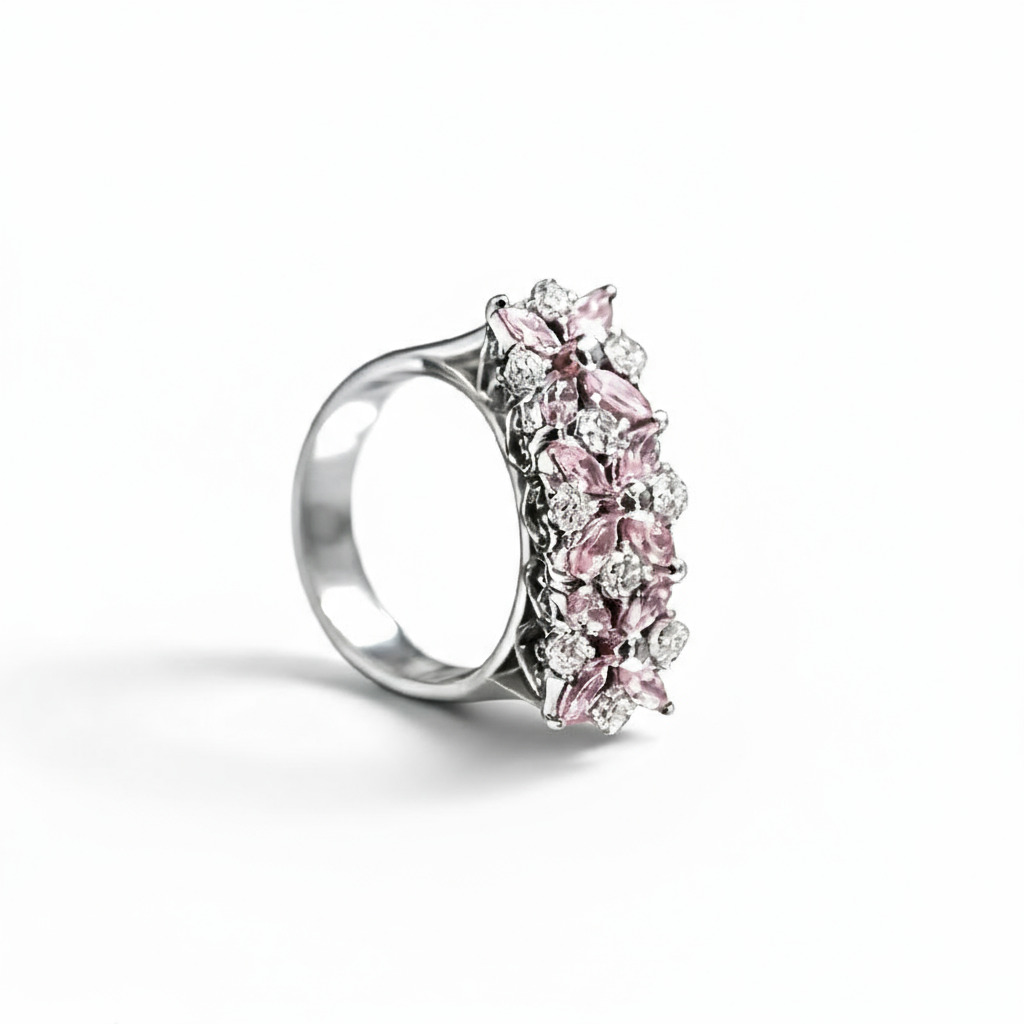 S925 Silver Pink Marquise and Round Diamond Engagement Ring