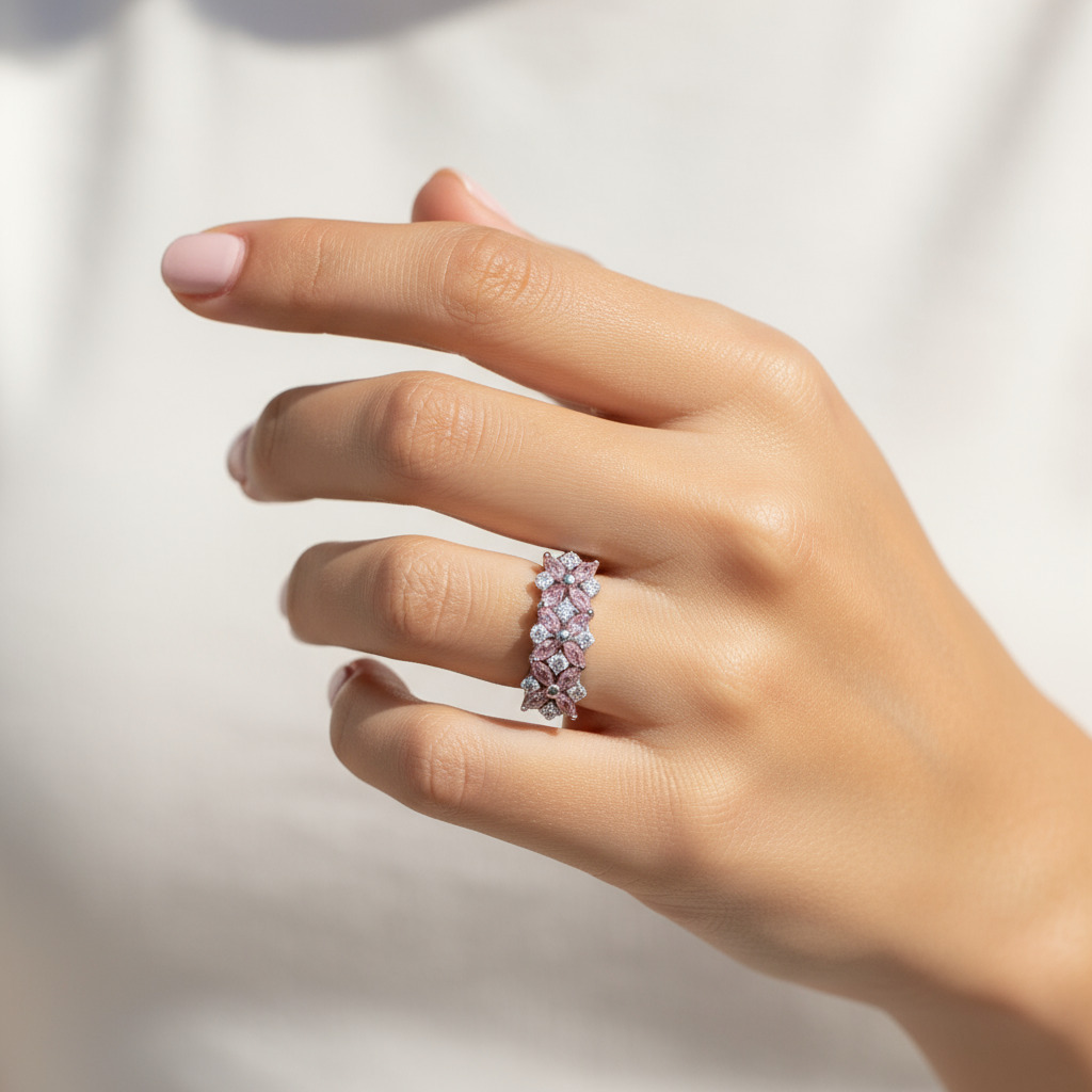 S925 Silver Pink Marquise and Round Diamond Engagement Ring