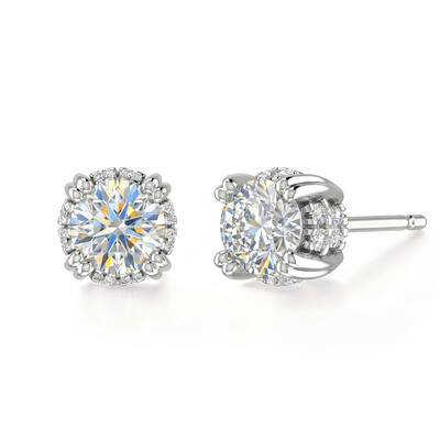 S925 Silver Round Diamond Halo Stud Earrings